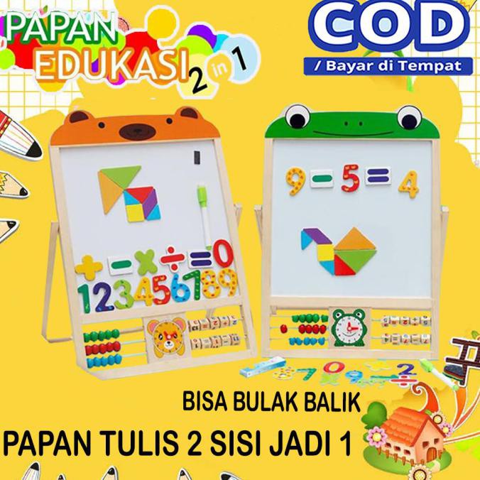 MAINAN ANAK EDUKASI HURUF ANGKA 2 IN 1 PAPAN TULIS KAYU MAGNET - ORANGE BERUANG