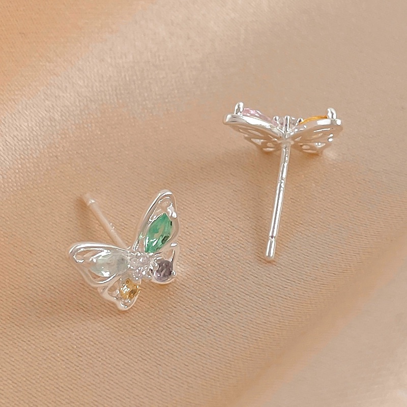 Anting Stud Desain Kupu-Kupu Hollow Aksen Zirkon Warna-Warni Gaya Korea Untuk Wanita