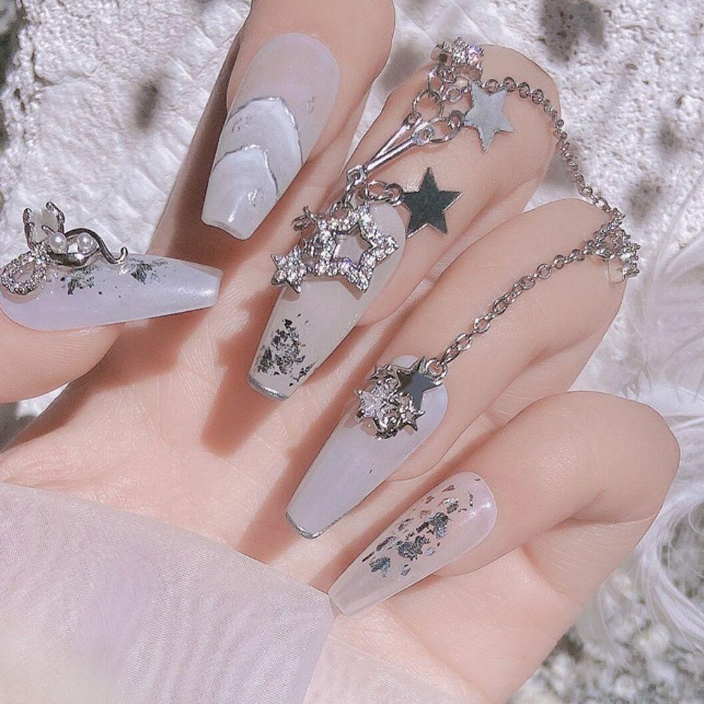 AUGUSTINA Agustinina Bintang Rantai Nail Art Fashion Net Merah Perak Hiasan Kuku Manikur Aksesoris Nail Art Rhinestones