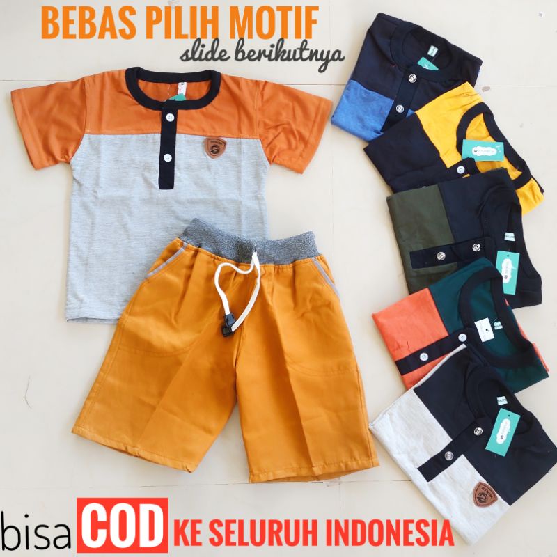 Setelan Anak Size S Usia 3-4 tahun Kaos Kancing Kombinasi Celana Pendek Chinos