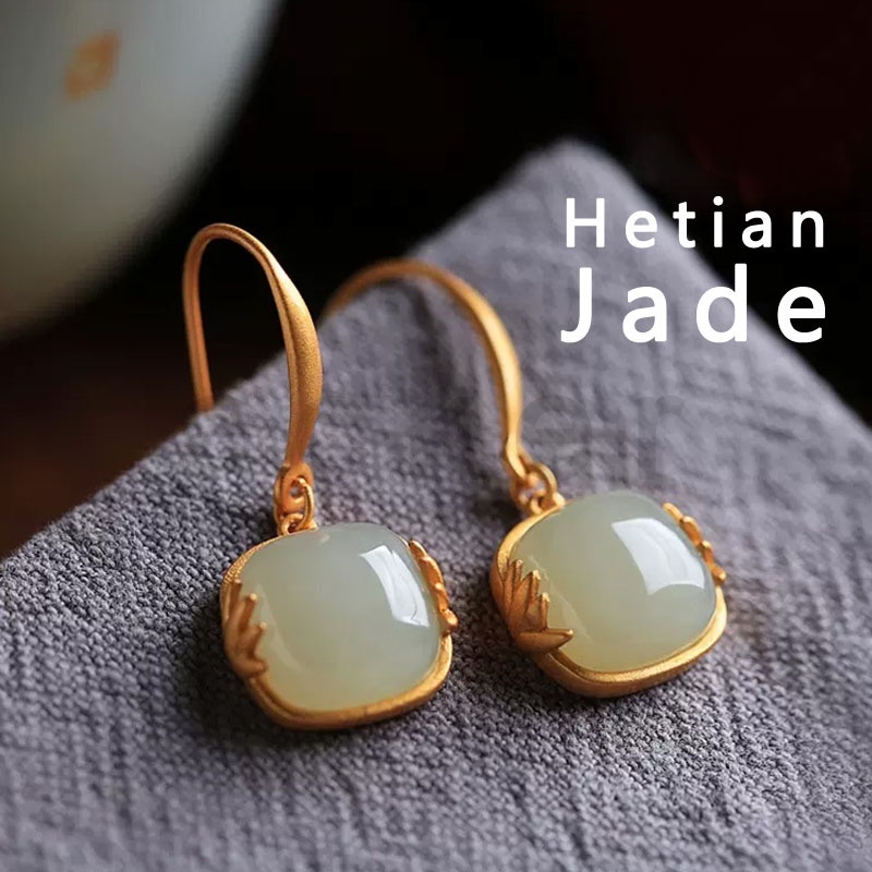 Anting Emas 18K Natural Hetian Jade Untuk Wanita