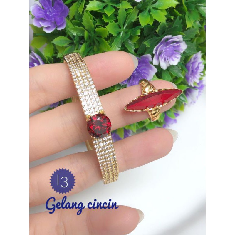 (NOV) Set Perhiasan Lapis Emas Xuping Gelang Ring Cincin Batu Rubi Permata Merah Gold Mewah Titanium