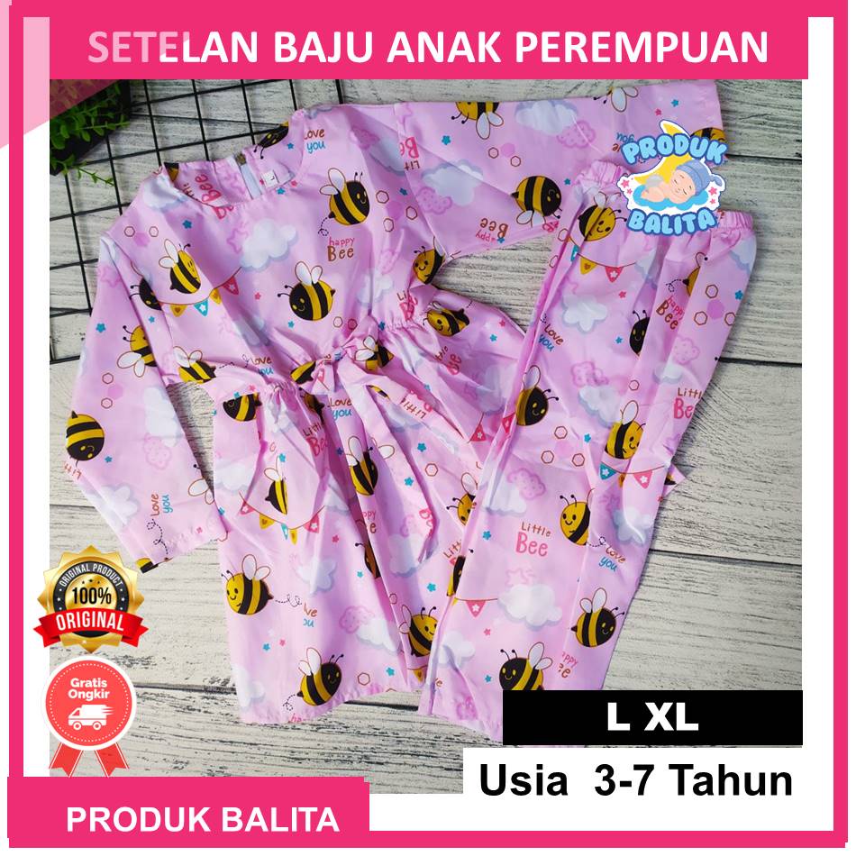 Setelan Set Baju Anak Perempuan Lengan Panjang Motif Lucu Setena Dress Anak Panjang Usia 3-7 tahun