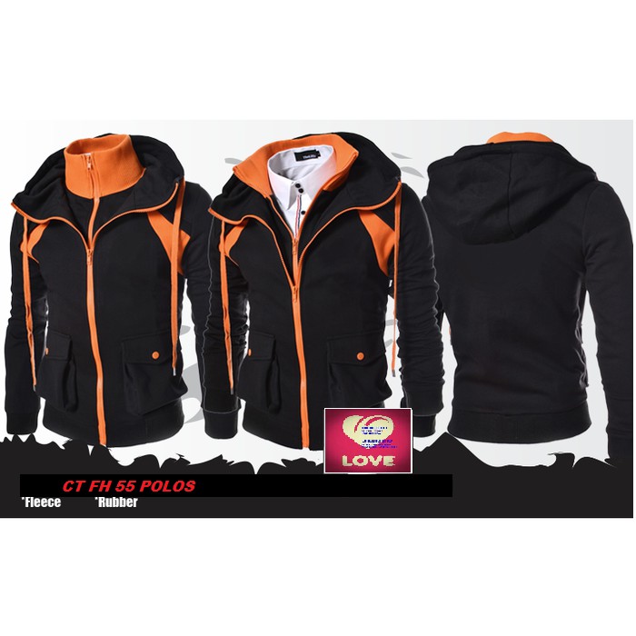 JAKET POLOS HITAM ORANGE DOUBLE ZIPPER ANIME JACKET HOODIE CT FH 55