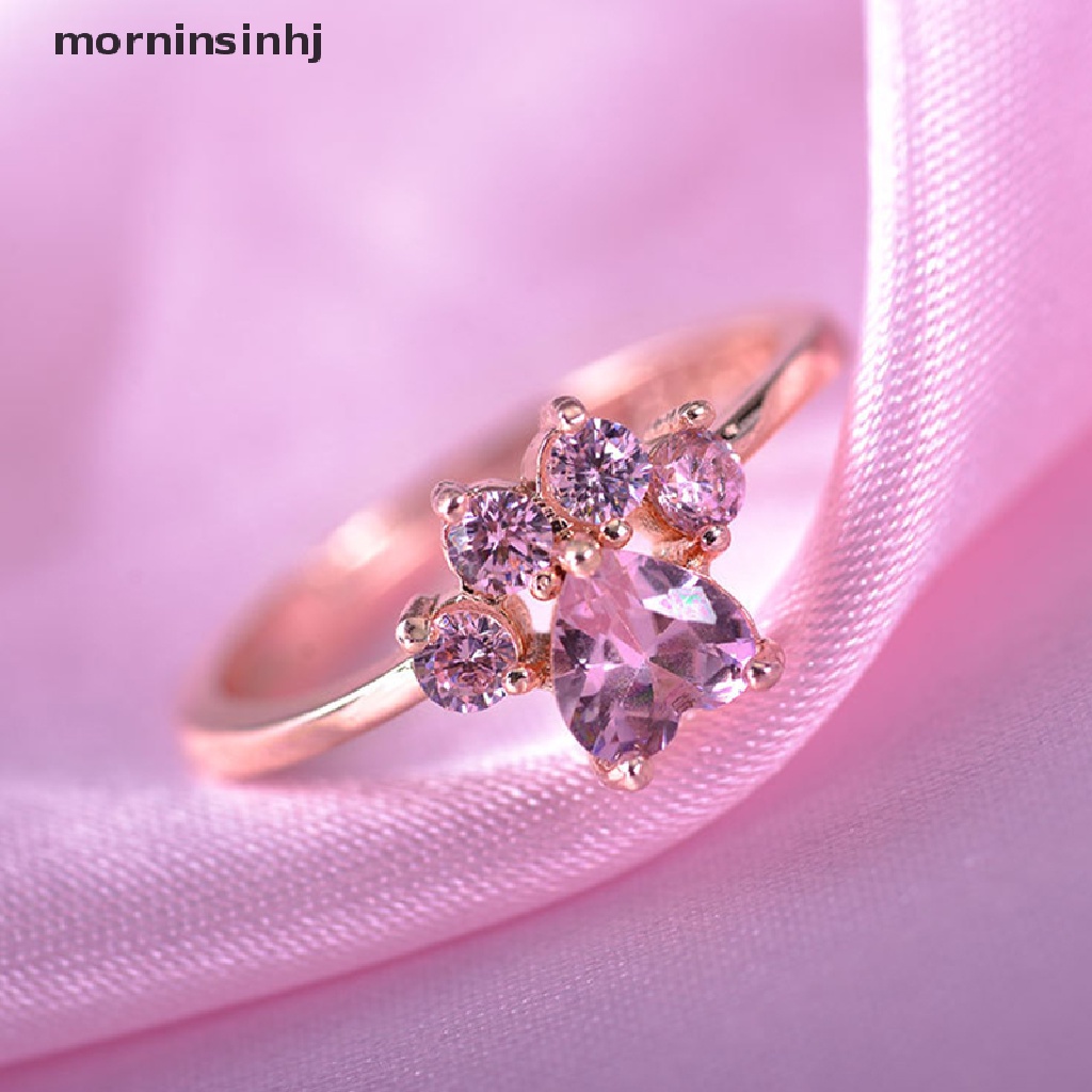 Mornin Cincin Tunangan Desain Cakar Kucing Hias Kristal Zircon Pink Untuk Wanita