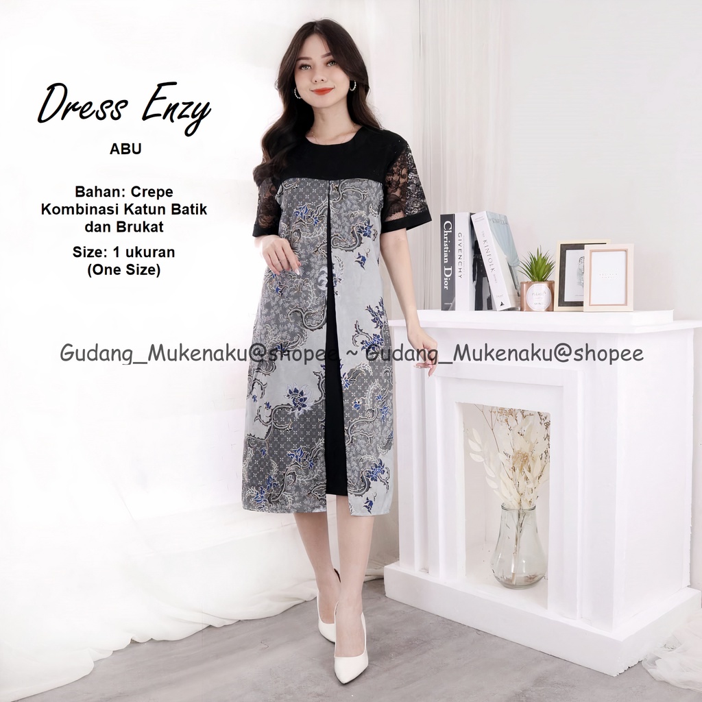 Gudang_Mukenaku Dress Enzy Bahan Katun Batik Kombinasi Brukat Pakaian Fashion Wanita Dewasa Terbaru Premium COD bisa bayar di tujuan