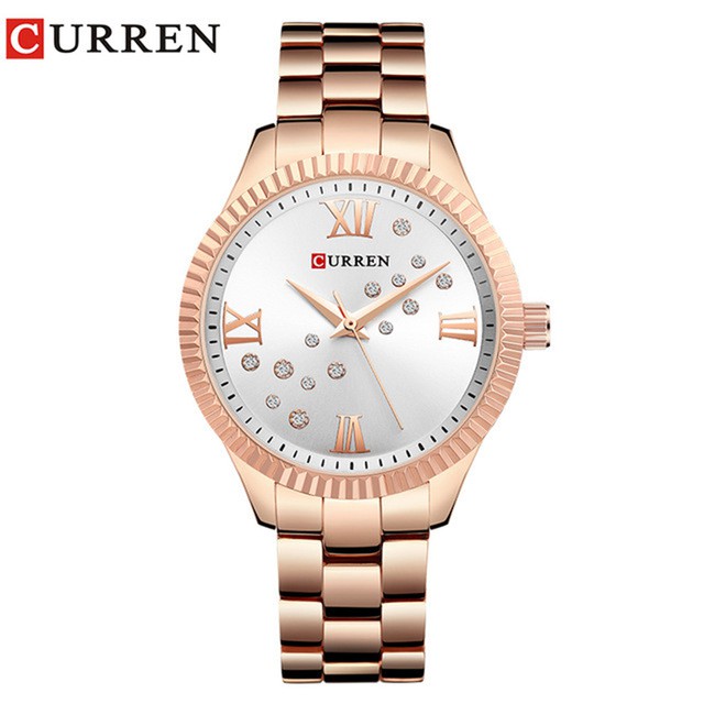 CURREN 9009 Jam Tangan Wanita Analog Stainless Steel Dial Rhinestone WATCHKITE WKOS