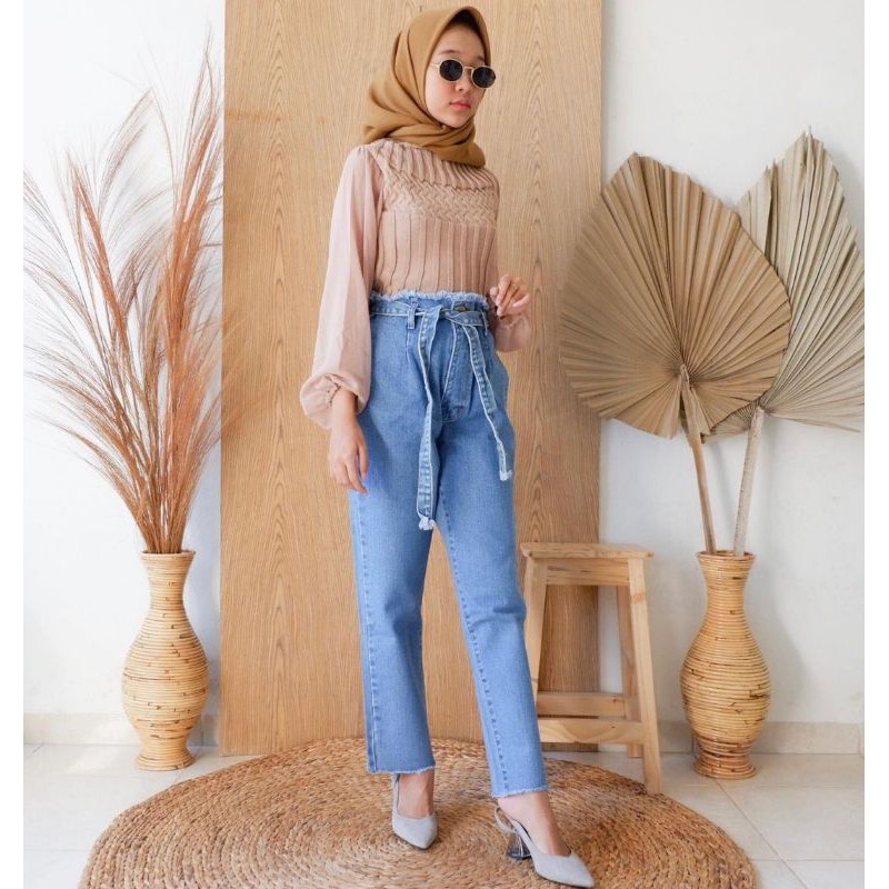 Celana Highwaist Jeans - Boyfriend fringe tali