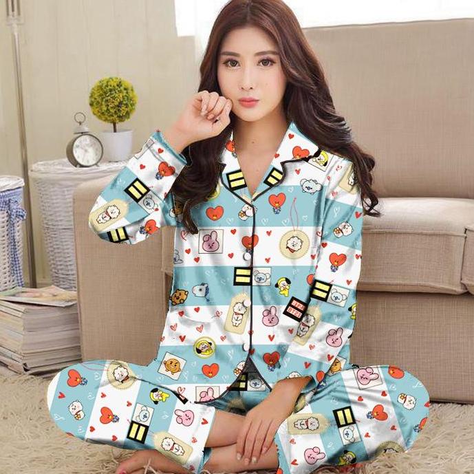 [SKU : A9WHJ] Piyama baju tidur PP BT21 salur biru & merah/dewasa