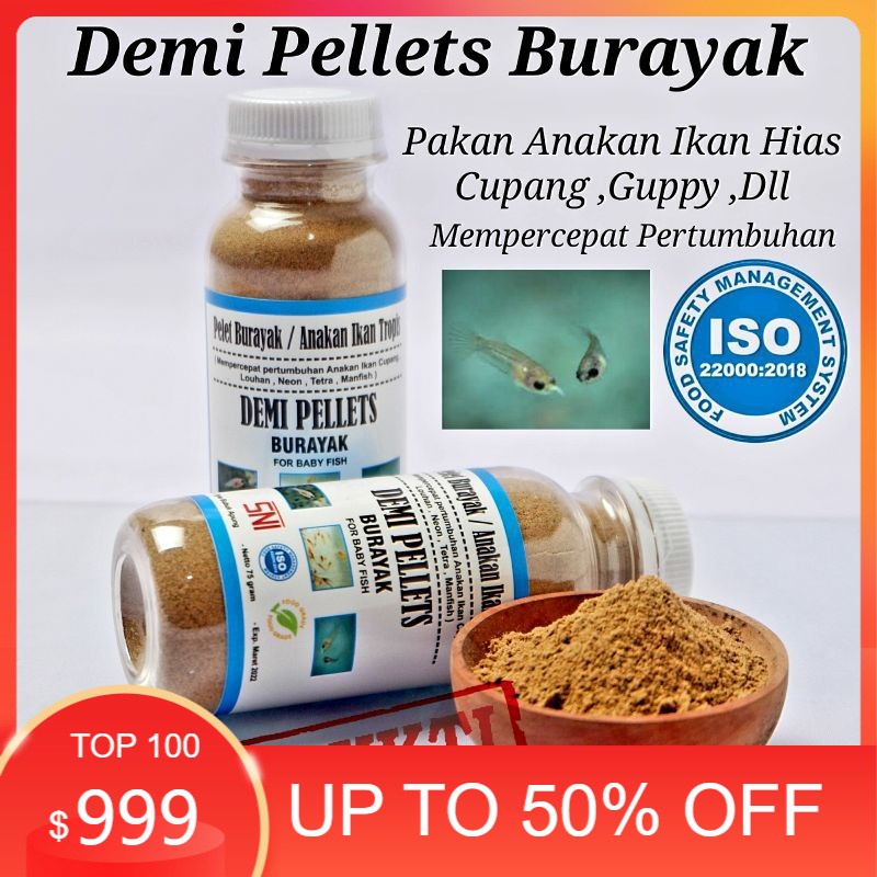 Demi Pellets Burayak,Pakan anakan ikan cupang guppy louhan koi molly serbuk apung 75 gram