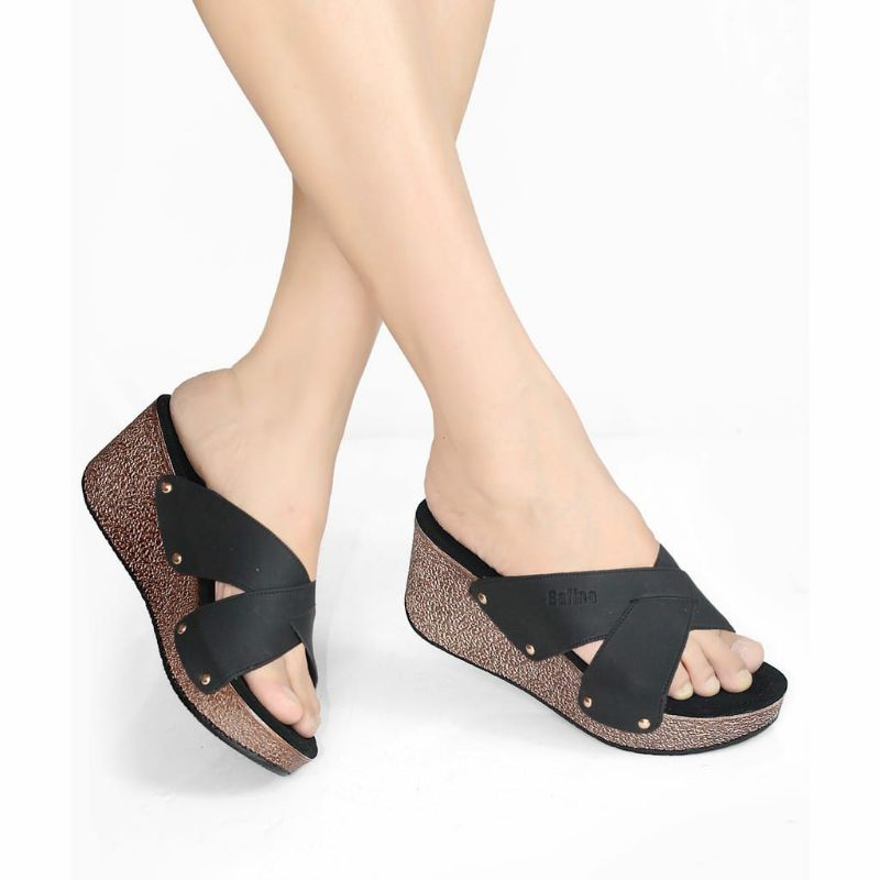 Sandal Sendal Wedges Wanita Casual Hak Tinggi Selop / Slop Hak Tinggi Murah L03 Tinggi 7cm