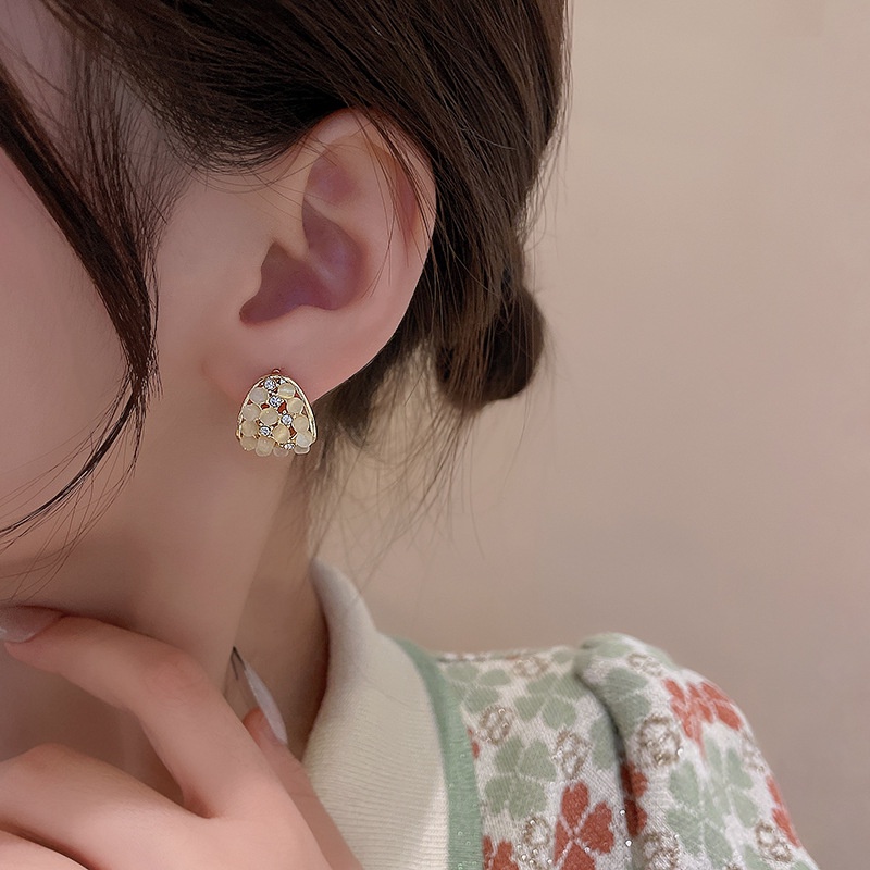 Anting Stud Opal Geometris Gaya Retro Perancis Untuk Wanita