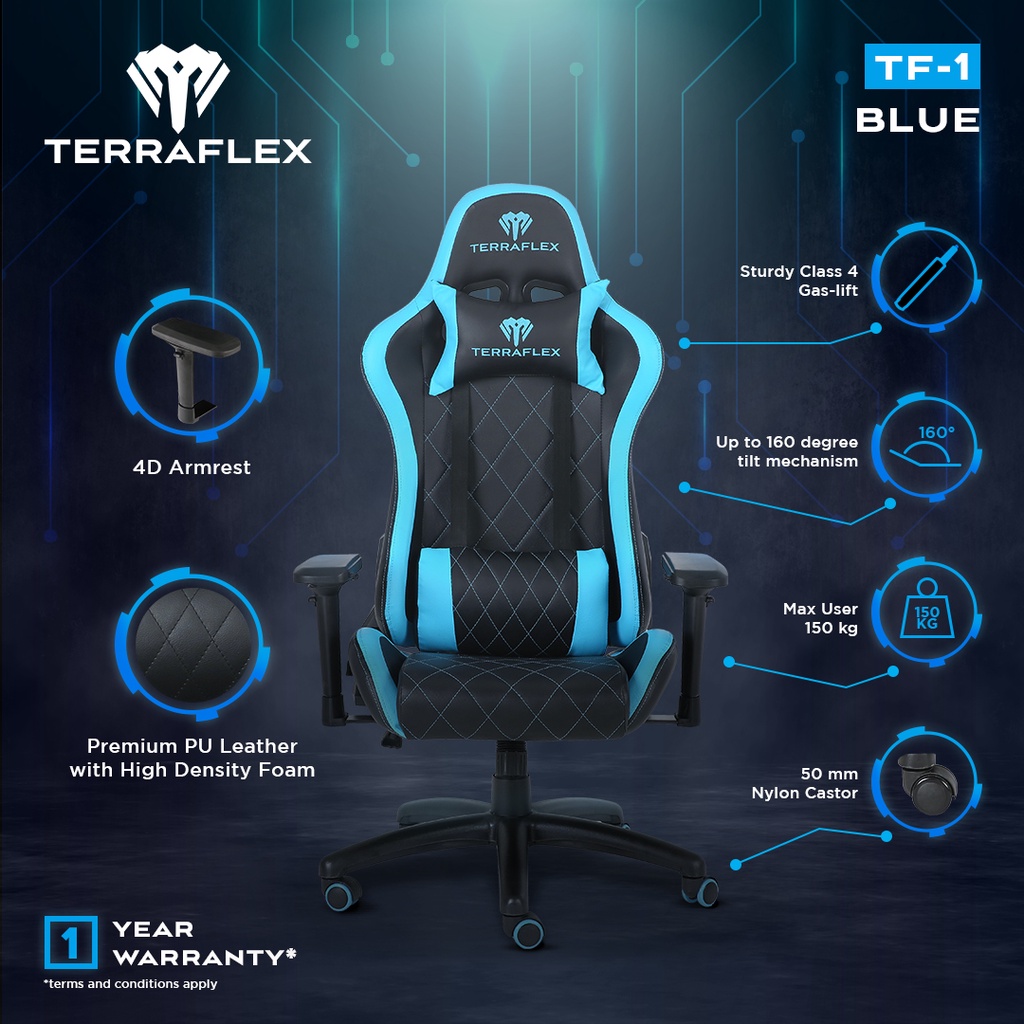 Terraflex TF-1 Gaming Chair Kursi - Black/Blue