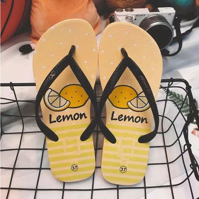 COD MAKASSAR Sandal Jepit Motif Lemon Slipper Sendal Flip Fashion Shopee Online Shop Toko Tamz