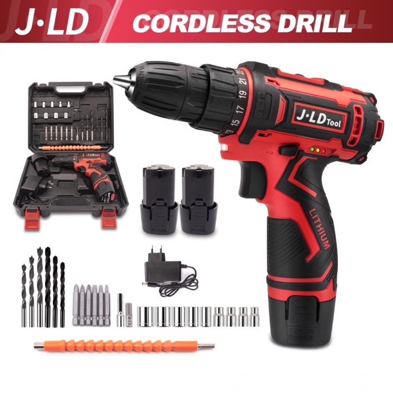 JLD Mesin Bor Cordless Portable Drill 12volt 2 Baterai Set Box Lengkap Bor Charger Bolak Balik Varia