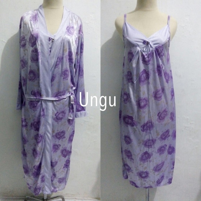 Baju tidur dewasa kimono satin panjang motif kembang