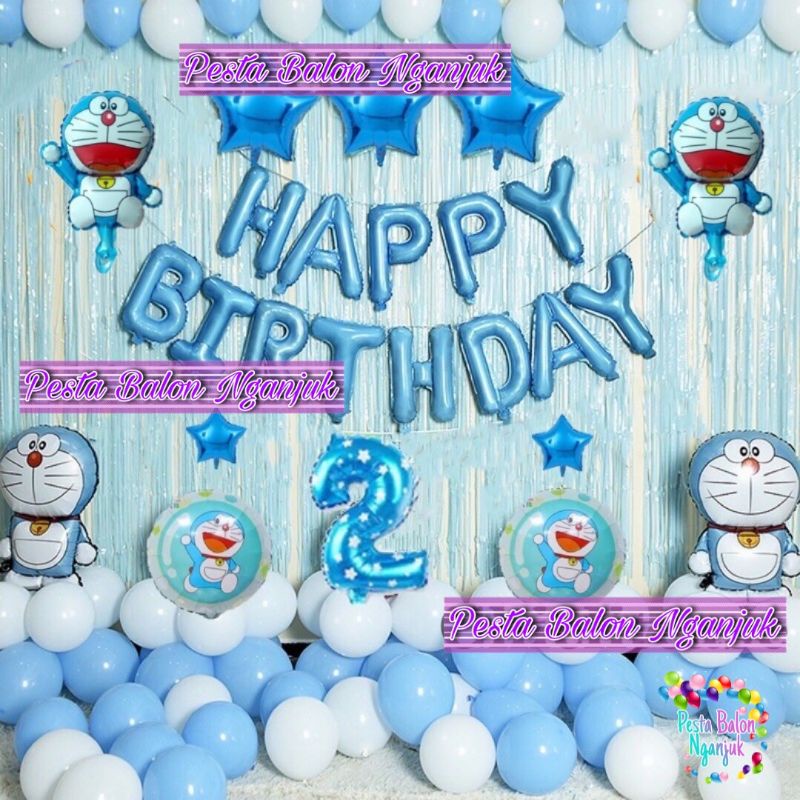 Paket set dekorasi ulang tahun tema doraemon happy birthday anak-anak backdrop background hiasan ult