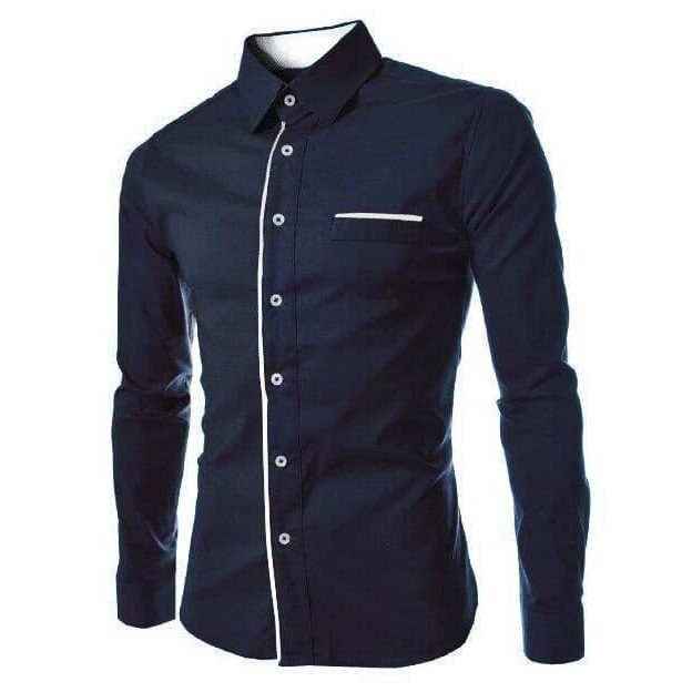 Ini Saja Kemeja pria slim fit combi list warna putih, motif kantong jas P_043 - Putih Hot Promo