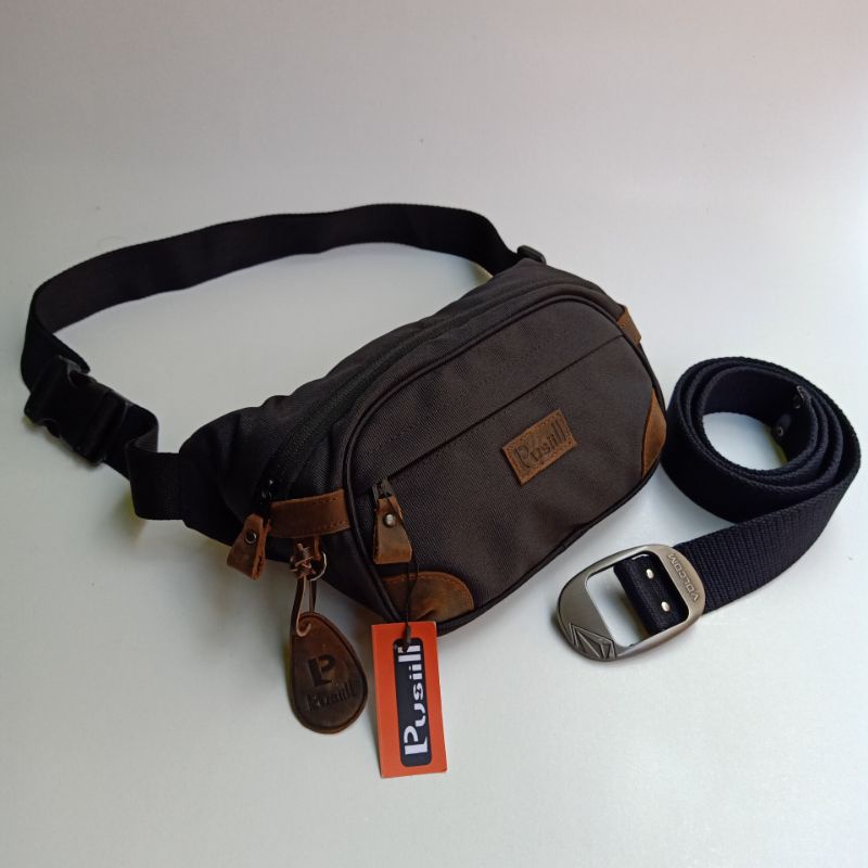 waistbag/pusiill 1570 Hitam/courdura+kulit asli/waistbag kulit asli/free gesper/sabuk