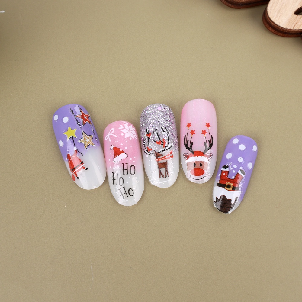 1 Lembar Stiker Kuku 3D Desain Kartun Snowflake Santa Claus Penguin Rusa Natal Untuk Dekorasi Nail Art