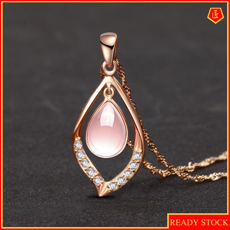 [Ready Stock]Fashion Silver Plated Elegant Necklace Korean Style Ross Quartz Pink Crystal REDLEAF Pendant