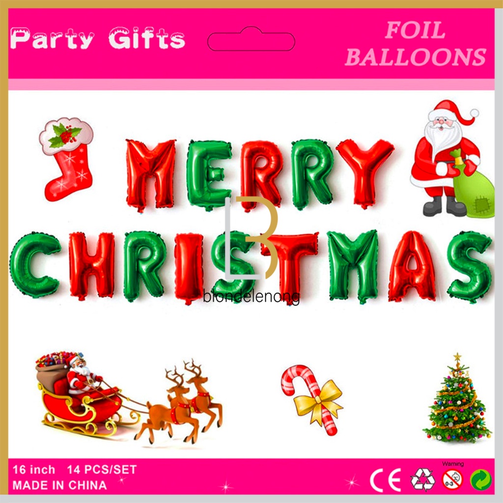 Balon Foil Dekorasi Dekor Topper Garland Garlan  Spanduk Banner Merry Christmas Christmast Baloon Decoration Cafe Kafe Aksesoris Asesoris Pesta Selamat Hari Natal Huruf Metalic Metalik Gantung Dinding 1 Set Murah 16 Inch 14 Pcs 40 Cm