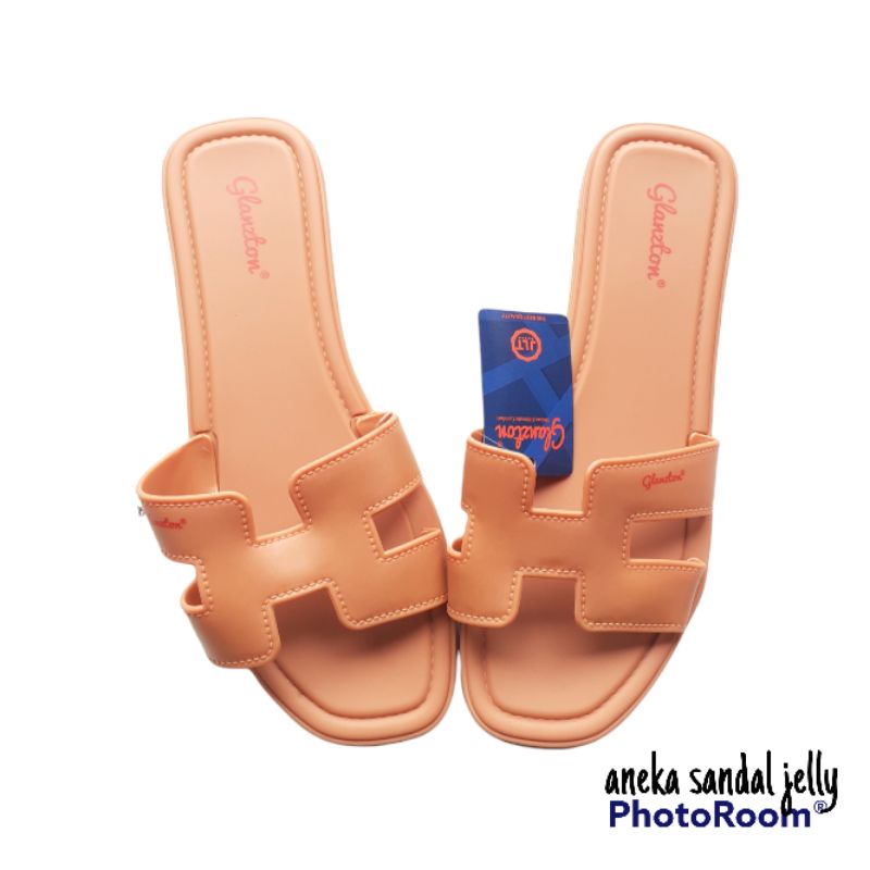 Sandal Herm flat teplek wanita jelly Karet !!! Glanzton L1838-Tan