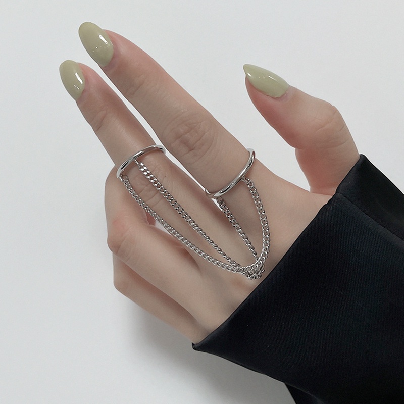 Fancyqube Set Cincin Rantai Ganda Model Terbuka Warna Silver Bahan Metal Gaya Punk Hip-Hop Untuk Wanita