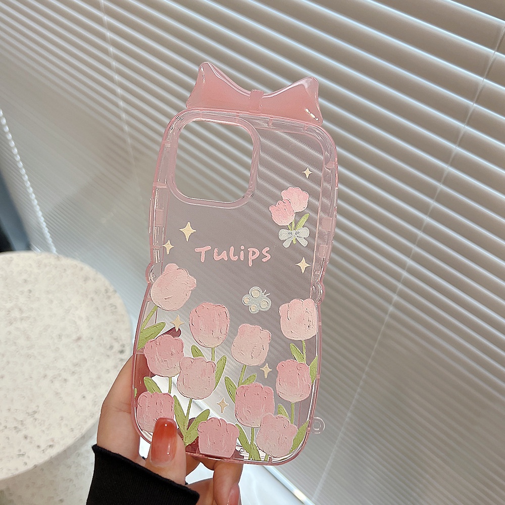 Case Pelindung Desain Tulip Pink Transparan Dengan Pita 3D Untuk Iphone X XR XS 11 12 13 14 PLUS PRO MAX