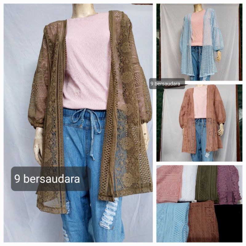 OUTER LONG CARDIGAN BRUKAT LENGAN BALON ALL SIZE STANDAR SAMPAI JUMBO