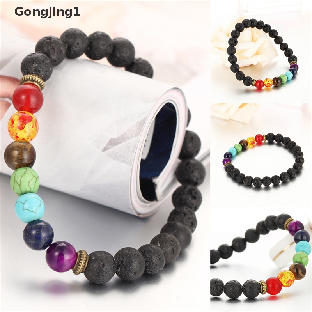 Gongjing1 Gelang Kesehatan Manik Lava Yoga Reiki 7 Chakra Healing Balance Untuk Unisex