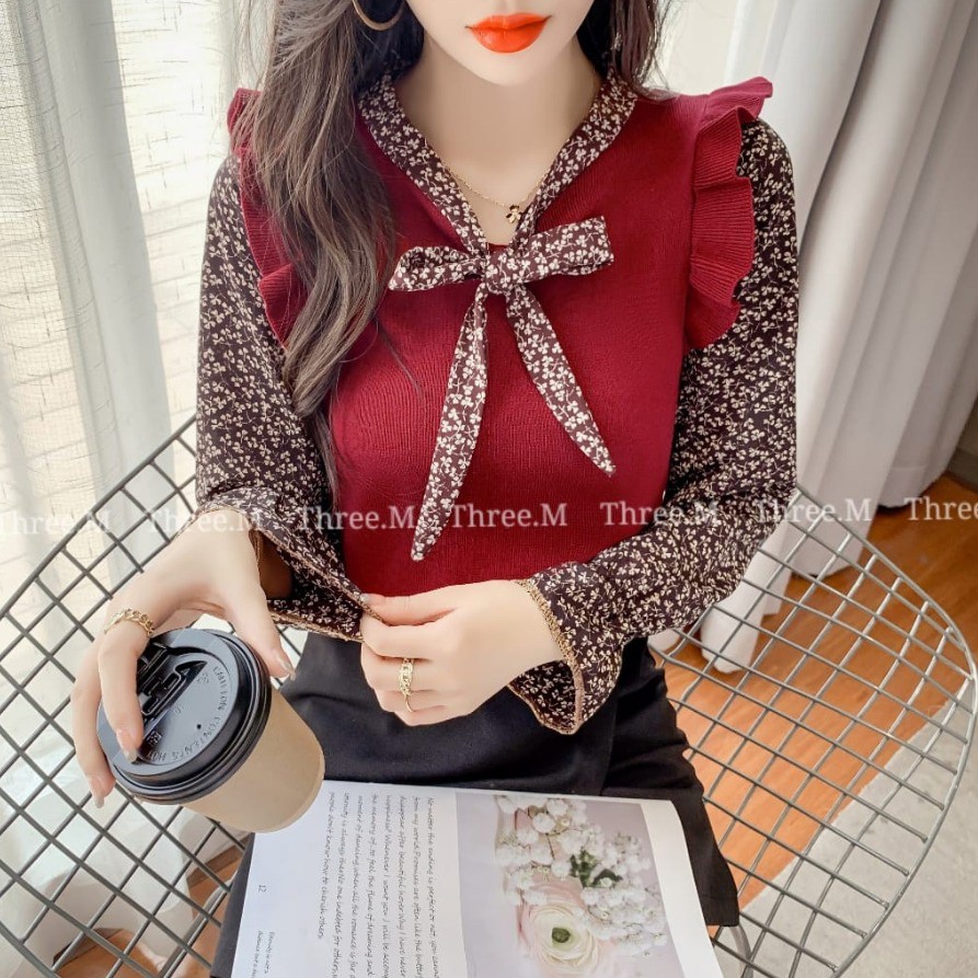 Tq88indonesia Fashion Blus Wanita Kombinasi Lengan Panjang Terbaru  /  Belvy Tie Neck Knit Top /  Ootd / Baju Santai Cewek / Baju Atasan Wanita Kekinian