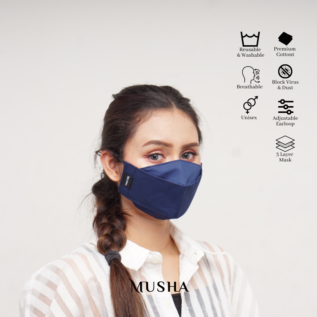 MUSHA 3D Mask - Navy | Masker Kain 3 Ply Earloop