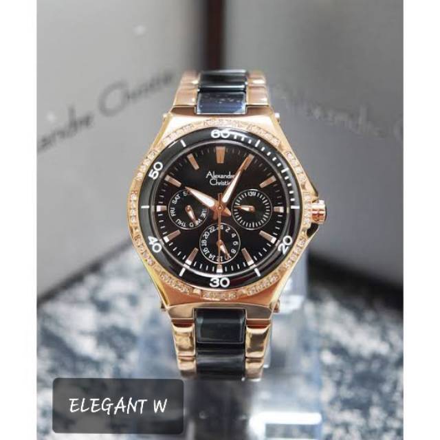 JAM TANGAN ALEXANDER CHRISTIE WANITA ORIGINAL AC 2294 BLACK ROSEGOLD KERAMIK