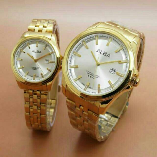Jam Tangan Couple ALBA Date Rantai Gold Plat White Kw Super