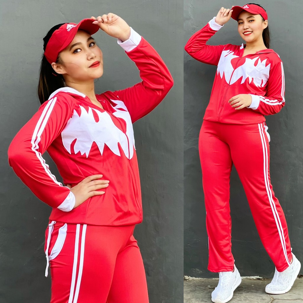 Baju Senam Setelan lapangan Cycling Fitness Hijab Panjang Cakar Pendek Merah Putih