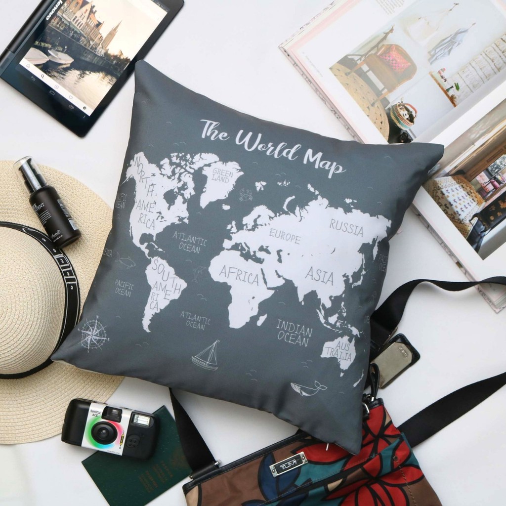  Sarung  Bantal  Sofa Print  Motif Minimalis World Map Grey 