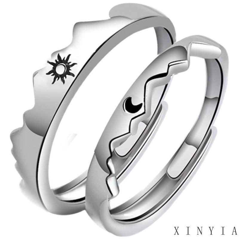 Cincin Model Terbuka Adjustable Desain Matahari Bulan Bintang Hati Warna Silver Untuk Pasangan