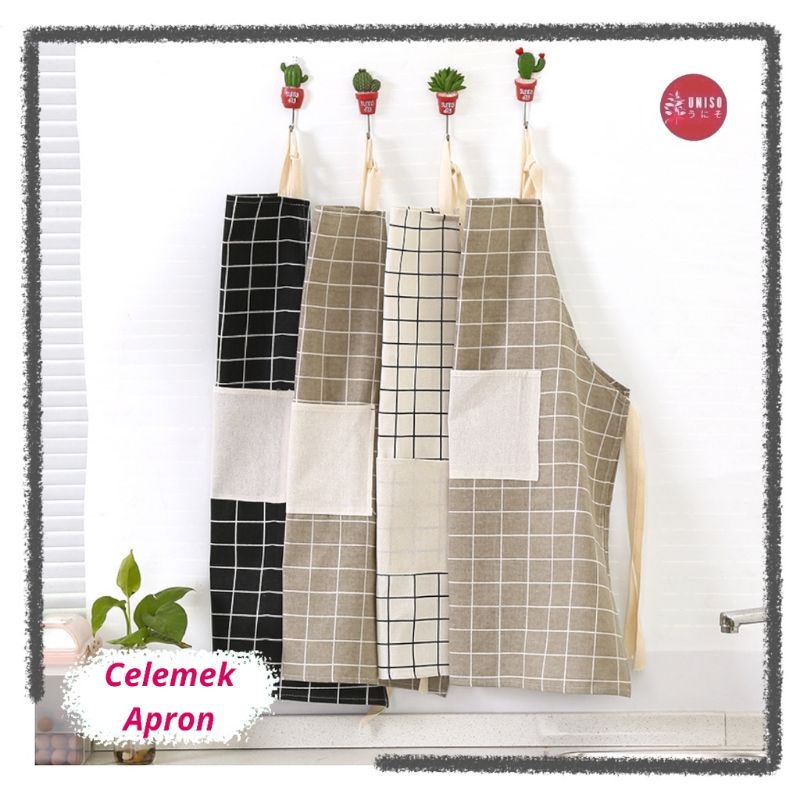CELEMEK MASAK DENGAN BAHAN KATUN LINEN DAN MOTIF KOTAK-KOTAK | CELEMEK APRON MASAK