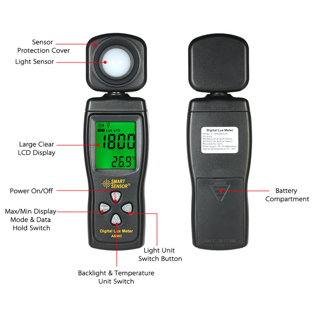 Lux Meter AS803 Luxmeter Alat Ukur Intensitas Cahaya Light Meter Luminance Tester SMART SENSOR Spectrometer Digital