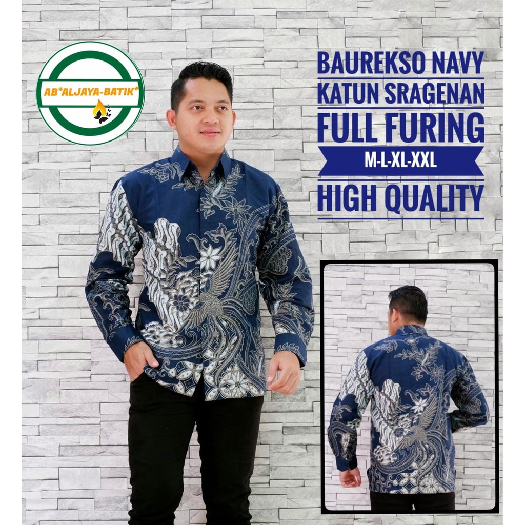 BAUREKSO NAVY Atasan Kemeja Batik Pria Premium Lengan Panjang Katun Halus LAPIS FURING Batik Aljaya