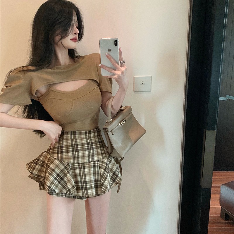 Buktikan rok temperamen ramping kotak-kotak kue rok retro niche ruffle rok pendek wanita musim panas baru rok gadis panas