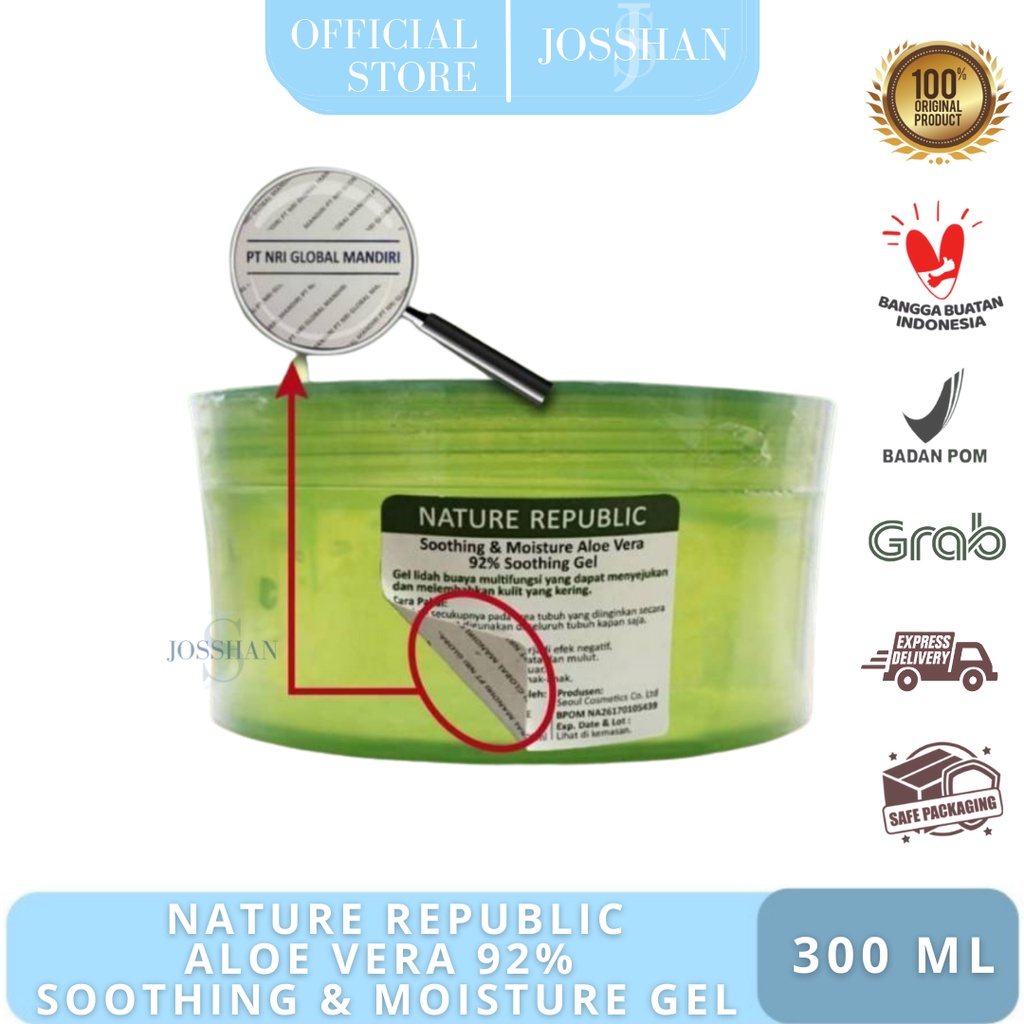 [Original 100%] BPOM Exp 2024 NATURE REPUBLIC Aloe Vera  92% Soothing Gel 300ml Jar Logo Original | Aloe Vera Gel | Aloe Vera Nature Republic | Aloe Vera BPOM | Nature Republic Aloe Vera BPOM | Aloe Vera Jar 300ml Nature Republic | Gel Aloe Vera