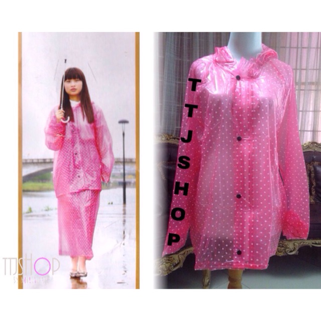 Jas hujan setelan rok transparan pink fanta
