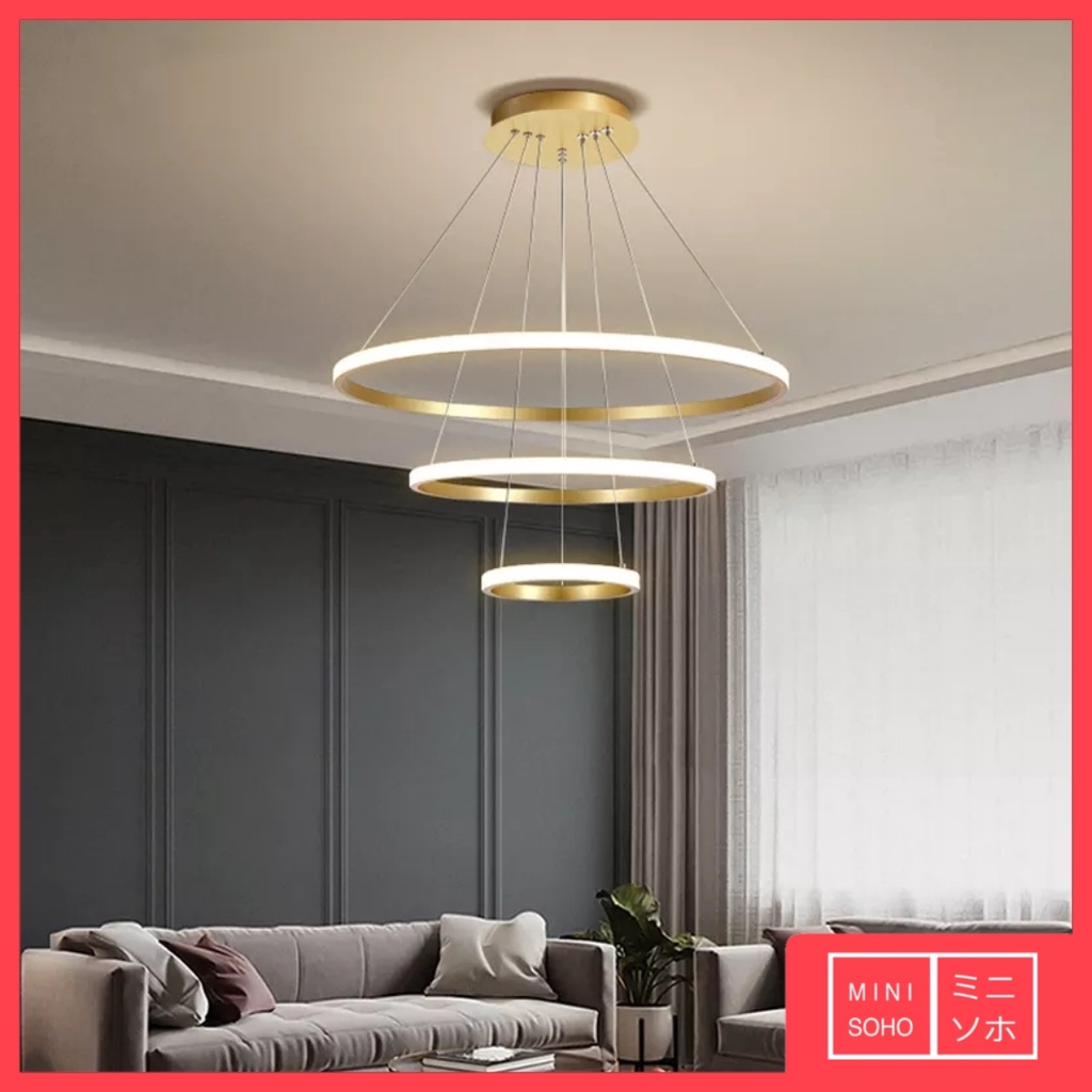 Lampu Gantung Hias Mewah Luxury Premium Minimalis Modern Aesthetic Estetik 3 Ring Pendant LED - Gold