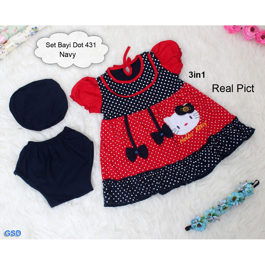 Set Bayi Dot 431 3in1/Set Baju Bayi 0-6 bln Dress+Celana+Topi/Setelan Baju Bayi Murah/Baju Bayi Lucu