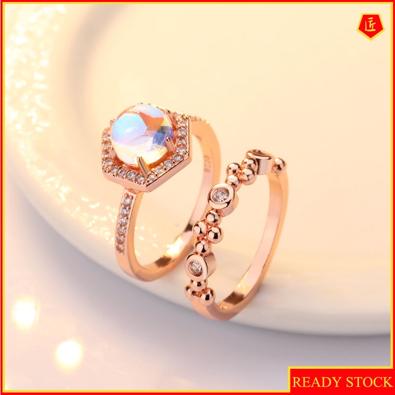 [Ready Stock]Inlaid Moonstone Ring 925 Silver Simple All-Match