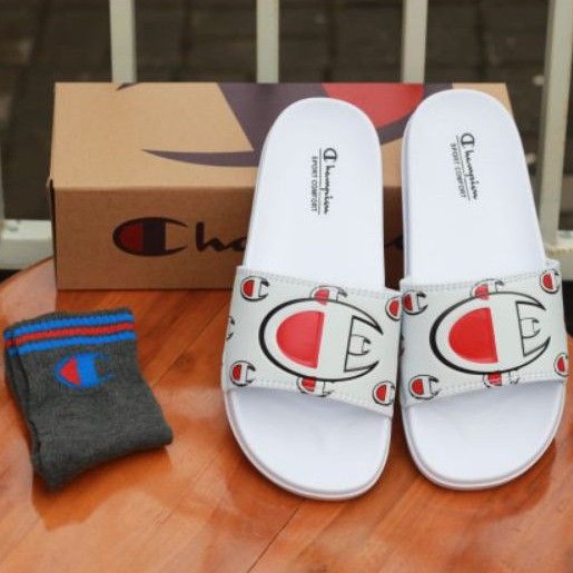 Gratis Kaos Kaki Sandal Slide Champion White Full Print Loggo Logo Sendal Slop Original