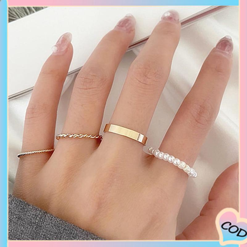 COD❤️ Korea Wanita Mutiara Cincin Wanita Emas Cincin Logam Set Fashion Perhiasan Aksesoris-A.one