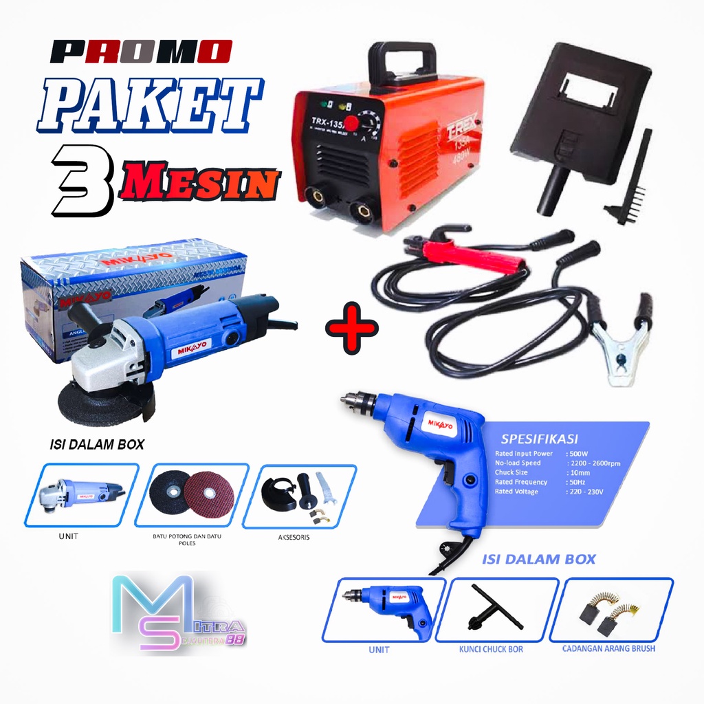 PAKET TUKANG LAS 3 ITEM - MESIN LAS 135A-480W INVERTER+ MESIN GERINDA + MESIN BOR 10MM VARIABLE / BOLAK BALIK